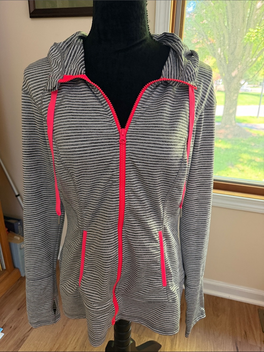 Striped Gray Hoodie Track Jacket with Neon Pink Trim, size L